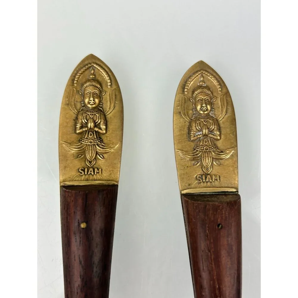 MCM Siam Gold Tone Serving Fork & Spoon Wood Handle Twist Buddha Unique Vintage